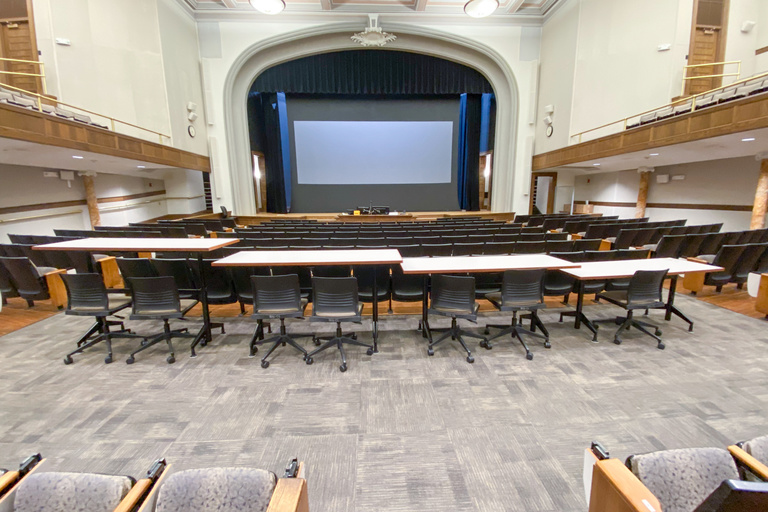 image of height adjustable tables in MacBride Hall Auditorium