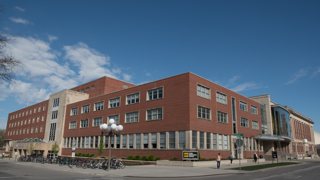 Exterior image of red brick building with sign that says Iowa Memorial Union