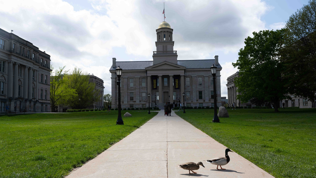image of Old Capitol with two ducks walking across sidewalk